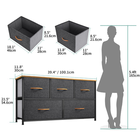 YITAHOME Dresser with 5 Drawers - Fabric Storage Tower, Organizer Unit for Bedroom, Living Room, Closets - Sturdy Steel Frame, Wooden Top (5 Wider Drawers Cool Grey) YITAHOME