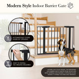 NMN Designs Logan Dog Gate - Indoor Pet Barrier and Wooden Dog Gate with Walk Through Swinging Door - Pressure Mounted for Walls and Stairs - Puppy Gates for The House - Expandable 29.5" to 51.5" NMN Designs