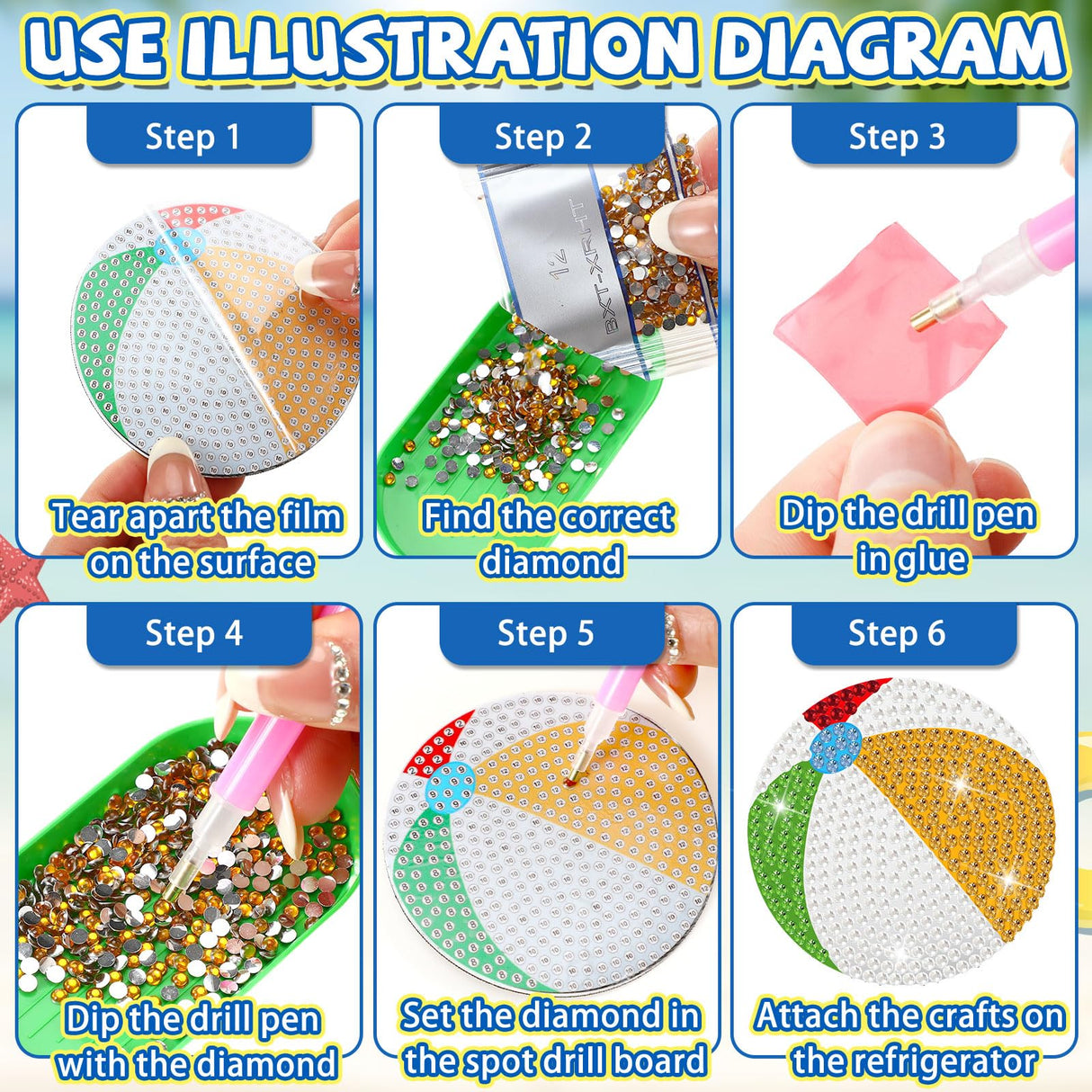 Tellegloww 24 Pcs Refrigerator Diamond Painting Magnets Sea Beach Diamond Art Magnets Kits Tropical Hawaiian Fridge Stickers for Adults Kids DIY Home Decor(Ball) Tellegloww