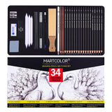 MARTCOLOR Drawing Sketching Pencils Set, 34 Pieces Pro Art Pencil Kit - Graphite Pencils (14B-4H), Charcoal Pencils, Charcoal Sticks, Artist Pencils for Beginners & Pro Artists MARTCOLOR