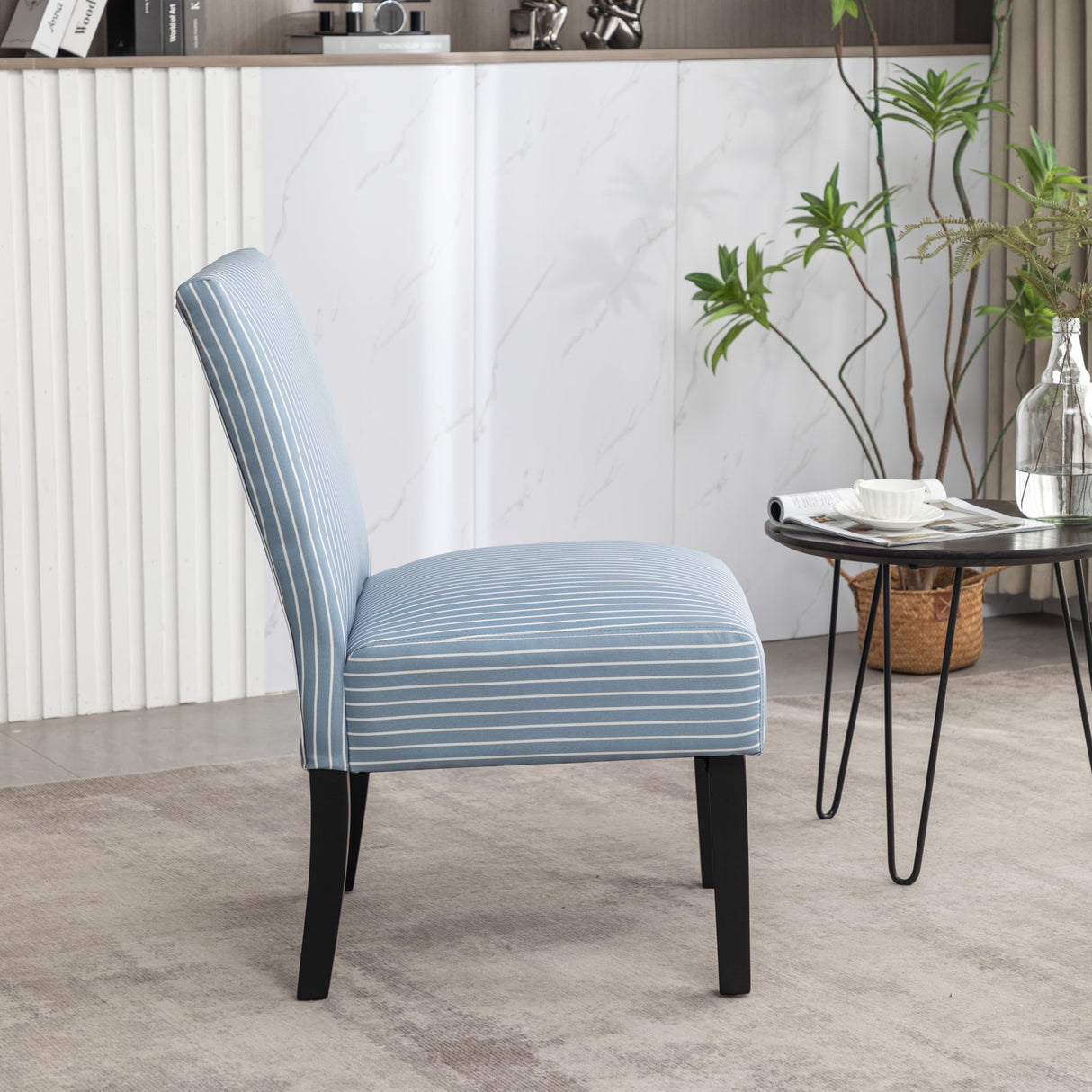 Roundhill Furniture Botticelli Blue Stripe Upholstered Slipper Accent Chair Roundhill Furniture