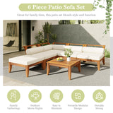 Merax 6 Pieces Patio Furniture Set, Outdoor L-Shaped Sectional Sofa Set with Coffee Table, Acacia Wood Conversation Seating & Cushions and Lumbar Pillows, for Garden, Poolside and Backyard, Teak+Beige Merax