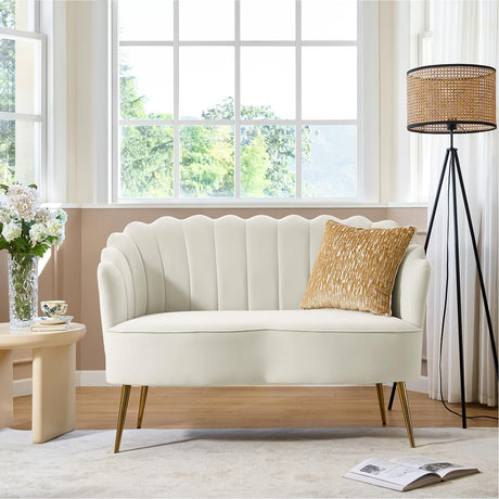 HULALA HOME Modern Velvet Loveseat Sofa with Flower Shaped Back, Comfy Upholstered 2-Seater Sofa with Gold Metal Legs, Small Love Seat Accent Couch for Living Bedroom Leisure Areas, Ivory HULALA HOME