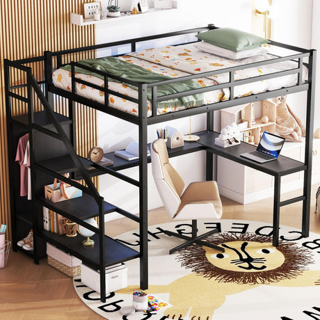 Full Size Loft Bed with Desk and Storage Shelf, Full Size Loft Bed with Stairs and Wardrobe, Full Loft Bed with Charging Station and RGB LED Light, Metal Loft Bed for Adults, Teens, Kids(Black Full) Bellemave