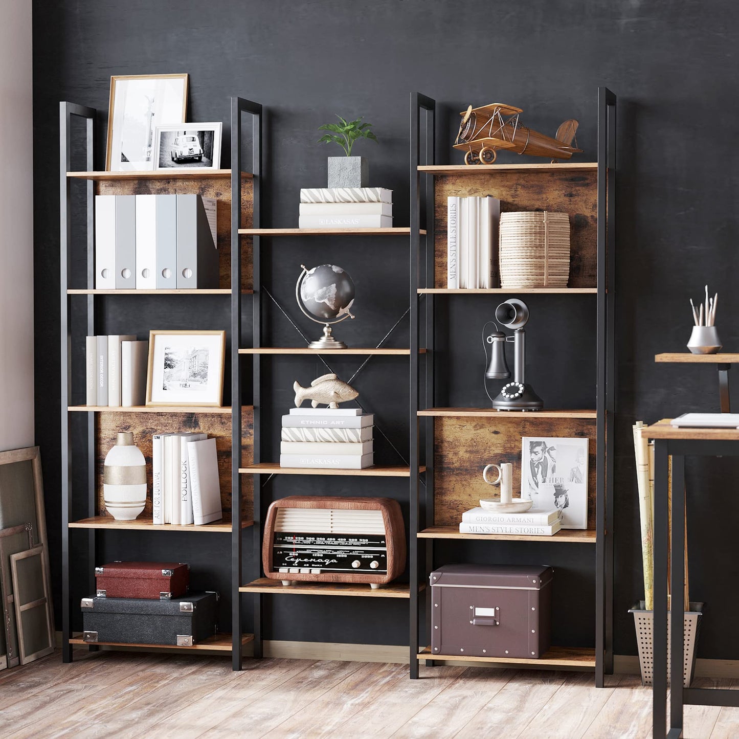 VASAGLE Industrial 5-Tier Bookcase with 14 Shelves in Rustic Brown and Black - WoodArtSupply