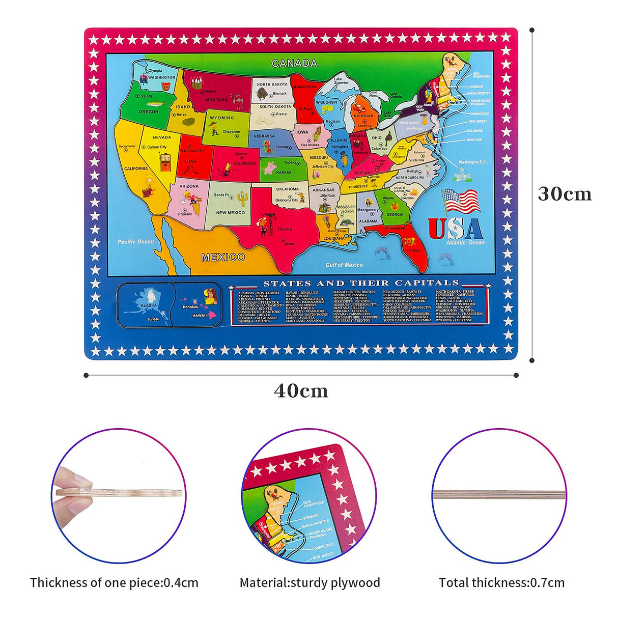 Wondertoys 46 Pieces Wooden USA Map Puzzle for Kids US Map Puzzle Educational Geography Puzzles United States Map Puzzle for Boy Girl Wondertoys