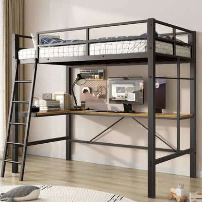 soges Metal Loft Bed Twin Size with Desk, Heavy Duty Twin Bed Frame with Ladder & Guardrail, Loft Bed for Juniors Teens Adullts, Noise-Free, Space-Saving, No Box Spring Needed, Black