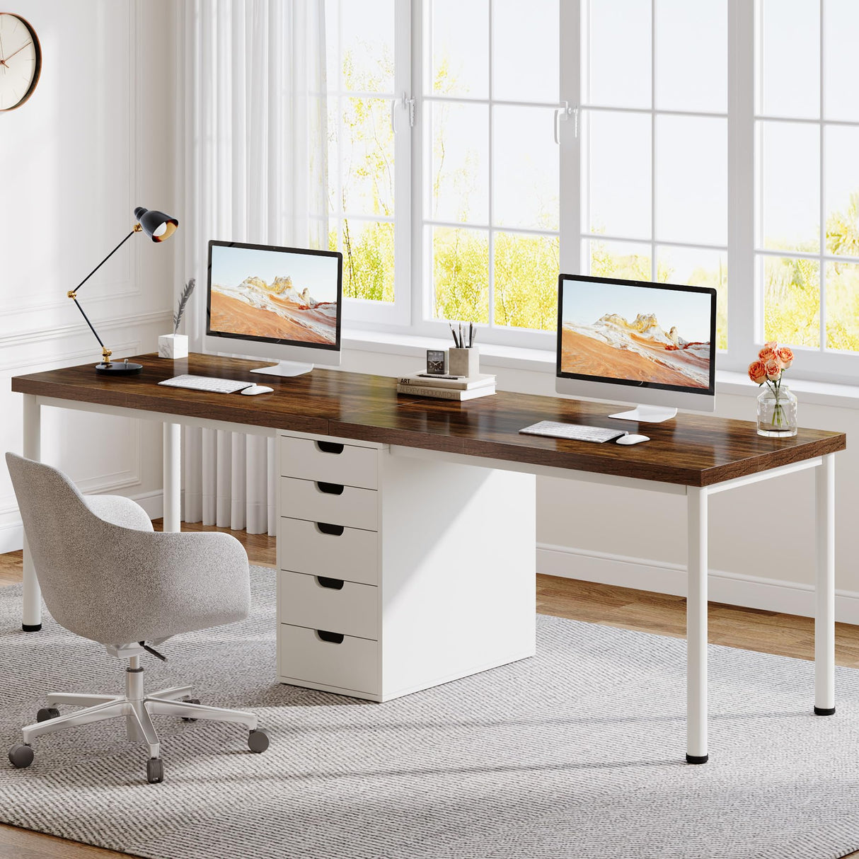 Tribesigns Two Person Computer Desk with 5 Drawers, 78.7 Inches Extra Long Double Office Desk, Modern Simple Double Computer Desk Study Writing Table Workstation for Home Office(Brown/White) Tribesigns