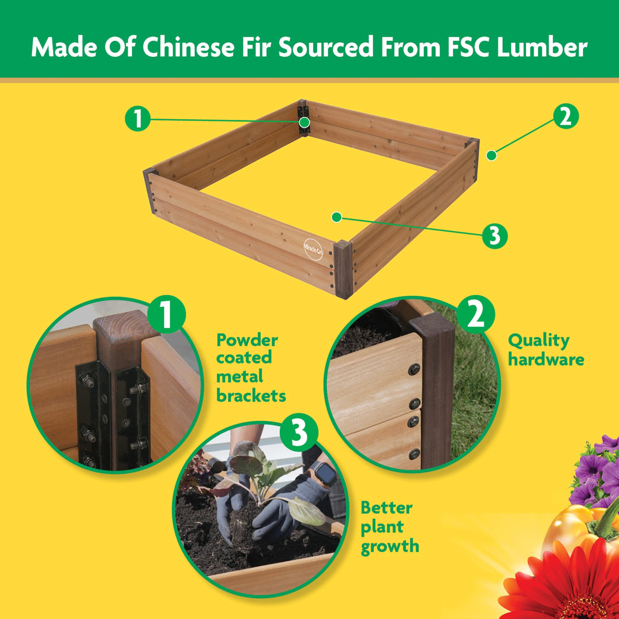 Miracle-GRO 4 x 4 Ft. Wooden Raised Garden Bed, 12.8 Cu. Ft. Above Ground Garden with Powder-Coated Metal Brackets for Decks and Yards Miracle-Gro