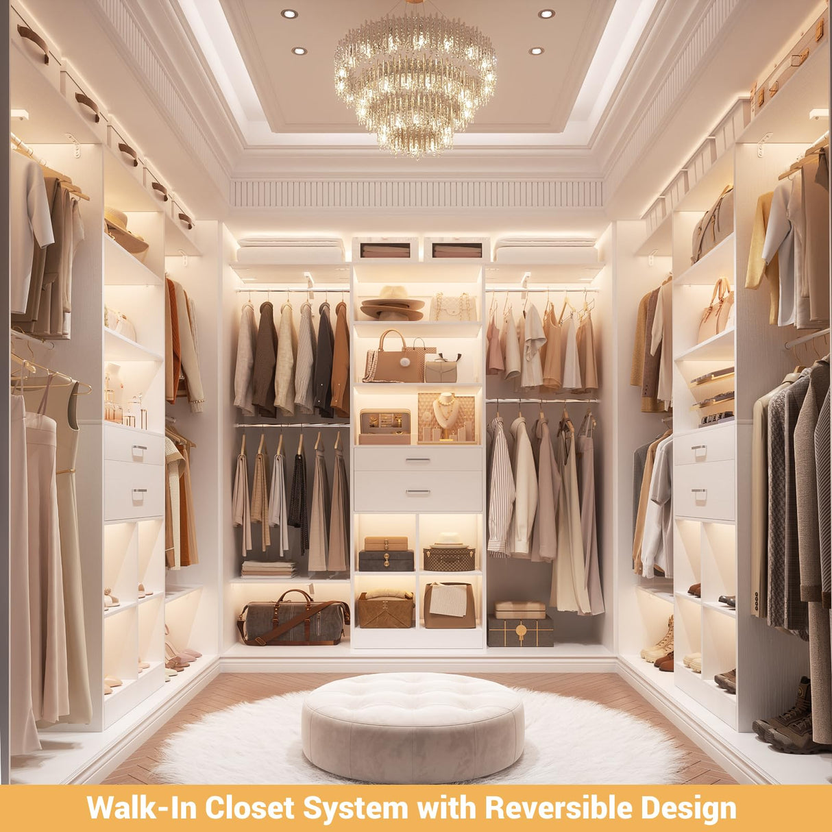 Small Closet System - 5FT Closet Organizer System with Wooden Drawers, 60 Inches Walk In Closet System With 5 Hanging Rods, Can Fit 1.58 to 6.8 FT with Reversible Hanging Shelving, White Besiost