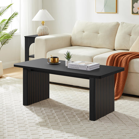RUSTYER Rectangular Fluted Coffee Table, Farmhouse Wood Coffee Table Mid Century Modern Center Table Boho Living Room Tables for Living Room Office (Black, 19.69" D x 43.3" W x 17.72" H) RUSTYER