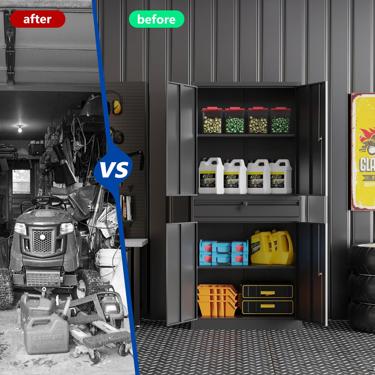 BYNSOE Metal Storage Cabinet with Locking Metal Garage Cabinet with Adjustable Shelves Tool Storage Cabinet with 1drawer Steel Locker Cabinet for Home Garage (Black-71 0 Caster) BYNSOE