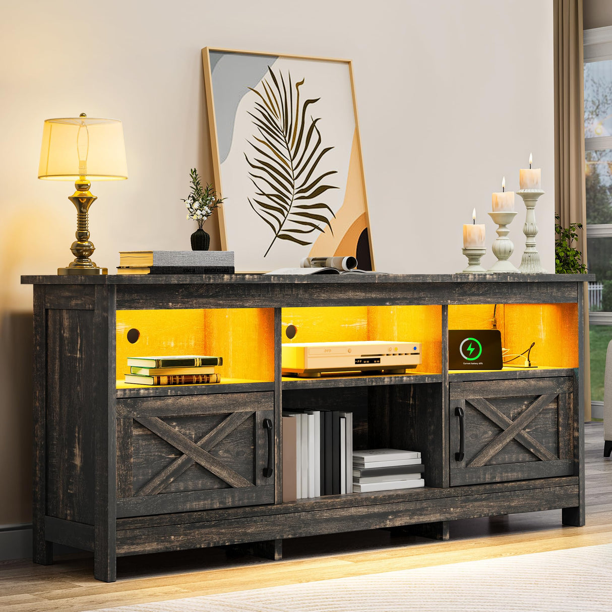 YITAHOME TV Stand for 65 Inch TVs, Entertainment Center with Storage Cabinets, Power Outlet & LED Light, Media Console Living Room Furniture, Dark Rustic Oak YITAHOME