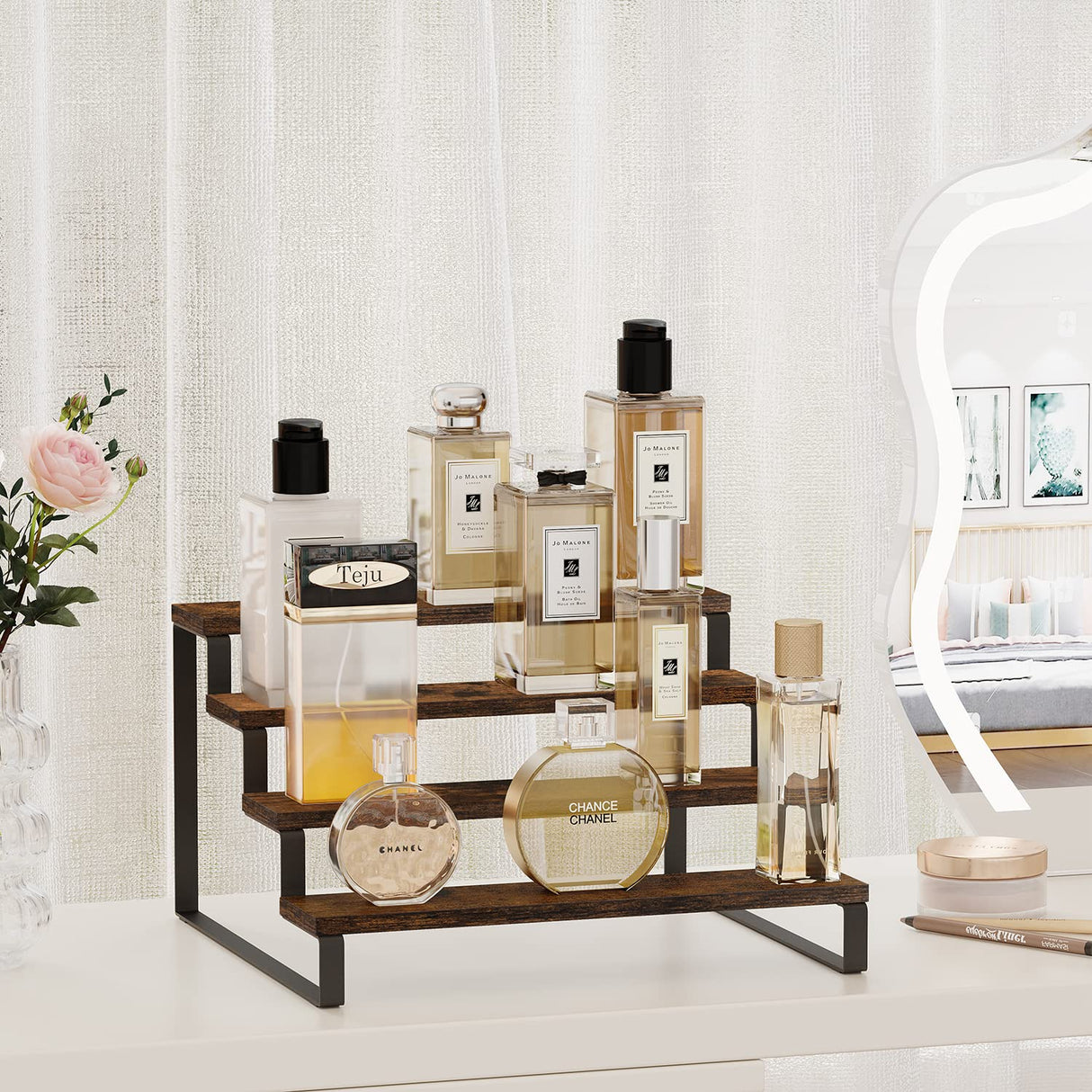 YINMIT Wooden Display Riser Stand, Tiered Perfume and Cologne Organizer Stand, 4 Tier Spice Rack Organizer, Rustic Display Shelf for Candles (4 Tier) YINMIT