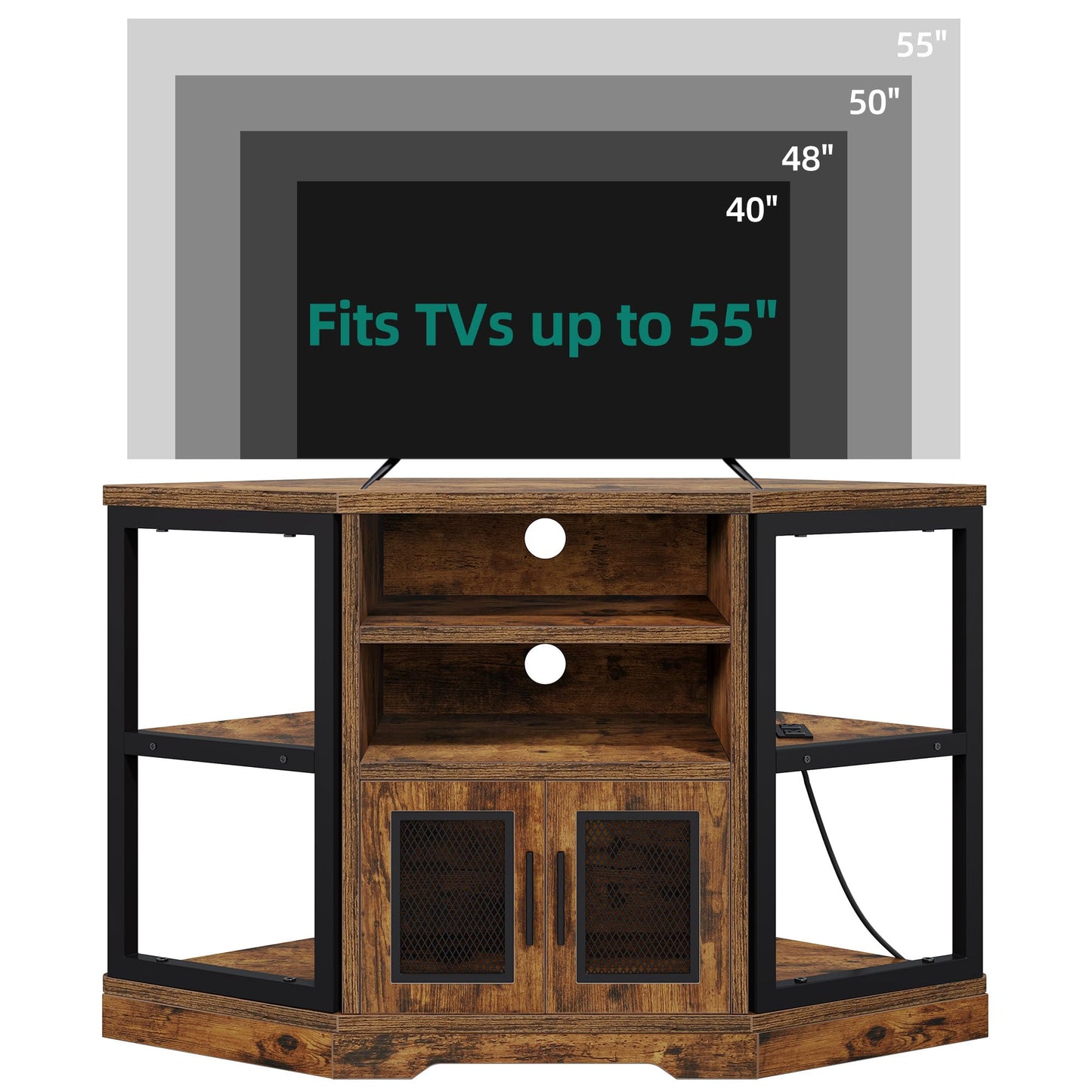 YITAHOME Corner TV Stand for TVs up to 55 Inch with Power Outlet, Modern Farmhouse Entertainment Center, Wood TV Media Console with Storage Cabinets Shelves for Living Room, Retro Brown - WoodArtSupply