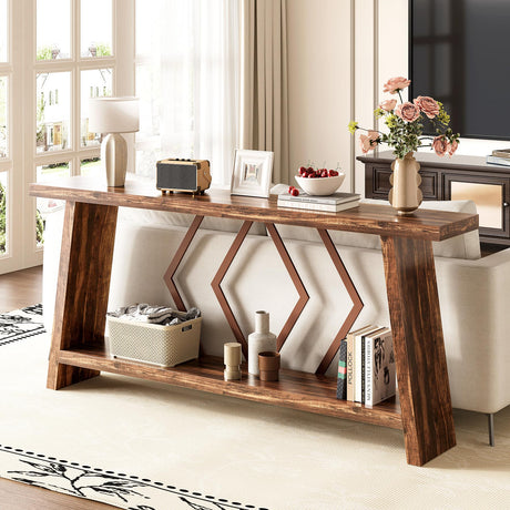 LITTLE TREE 70.9-Inch Console Table, Long Sofa Table Behind Couch, Farmhouse Wood Console Table with Storage Shelf for Entryway, Living Room, Hallway LITTLE TREE