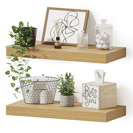 Vivelove Floating Shelves for Wall Mounted, 16 inchs Shelf for Small Bathroom, Bedroom, Living Room, Kitchen, Modern Home Decor, Rustic Farmhouse Wall Shelves with Invisible Brackets - Set of 2, Oak Vivelove