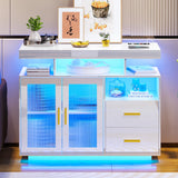 WOOVIVS 39.4" Modern LED Sideboard Buffet Cabinet with Wireless Charging Station, High Gloss Entrance Cabinet with Motion Sensor Light, Coffee Bar Cabinet for Dining Room, Kitchen, Hallway (White) WOOVIVS