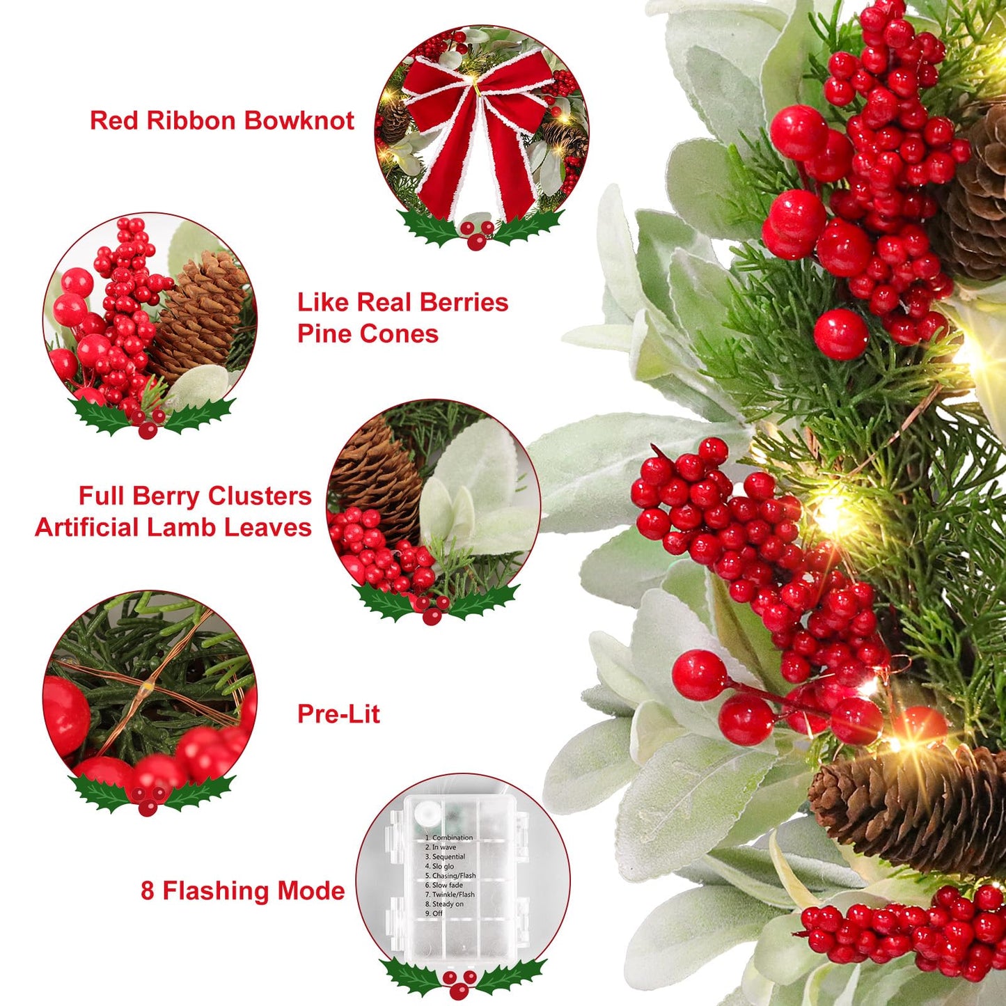 N&T NIETING 20 in Artificial Christmas Wreath for Front Door, Pre-lit Wreaths with Red Bow, Outdoor Christmas Wreaths with Lights Wreath Decorations for Kitchen Wall Home Holiday Xmas Decor