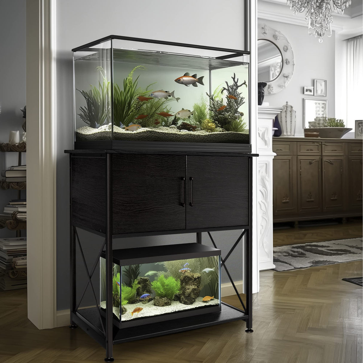 Herture 20-29 Gallon Aquarium Stand Metal Frame Fish Tank Stand with Cabinet Storage, for 20 Gallon Long Aquarium,30.7" L*16.5" W Tabletop,330LBS Capacity Black PG01YGB Herture