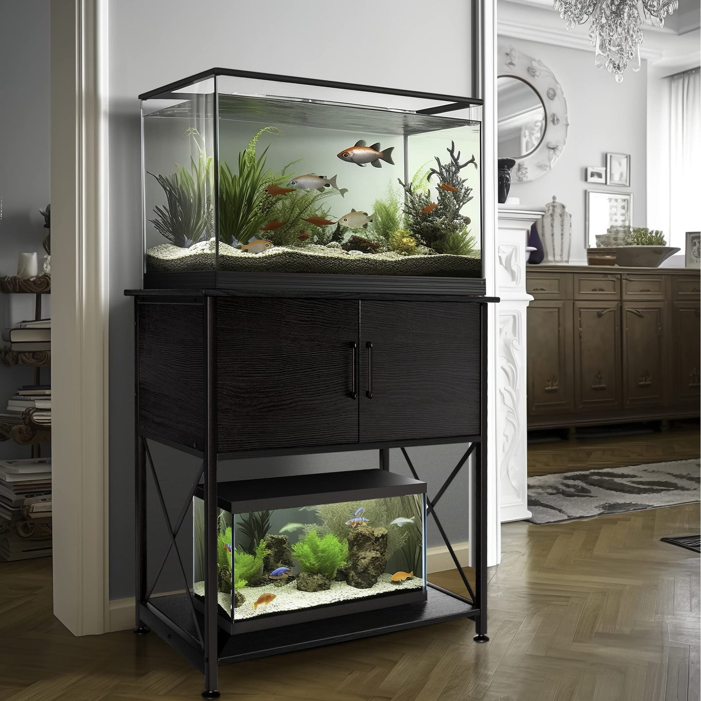 Herture 20-29 Gallon Aquarium Stand Metal Frame Fish Tank Stand with Cabinet Storage, for 20 Gallon Long Aquarium,30.7" L*16.5" W Tabletop,330LBS Capacity Black PG01YGB - WoodArtSupply