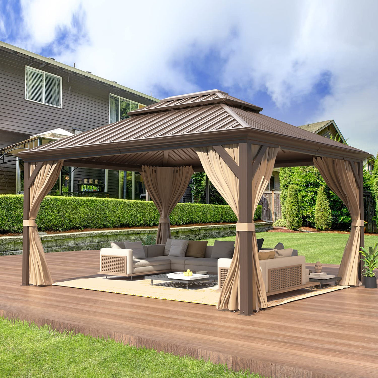 MELLCOM 12' x 14' Hardtop Gazebo, Brown Permanent Pavilion Gazebo with Curtains and Netting, Galvanized Steel Metal Double Roof Aluminum Gazebo with Aluminum Frame for Patio, Lawn & Garden MELLCOM