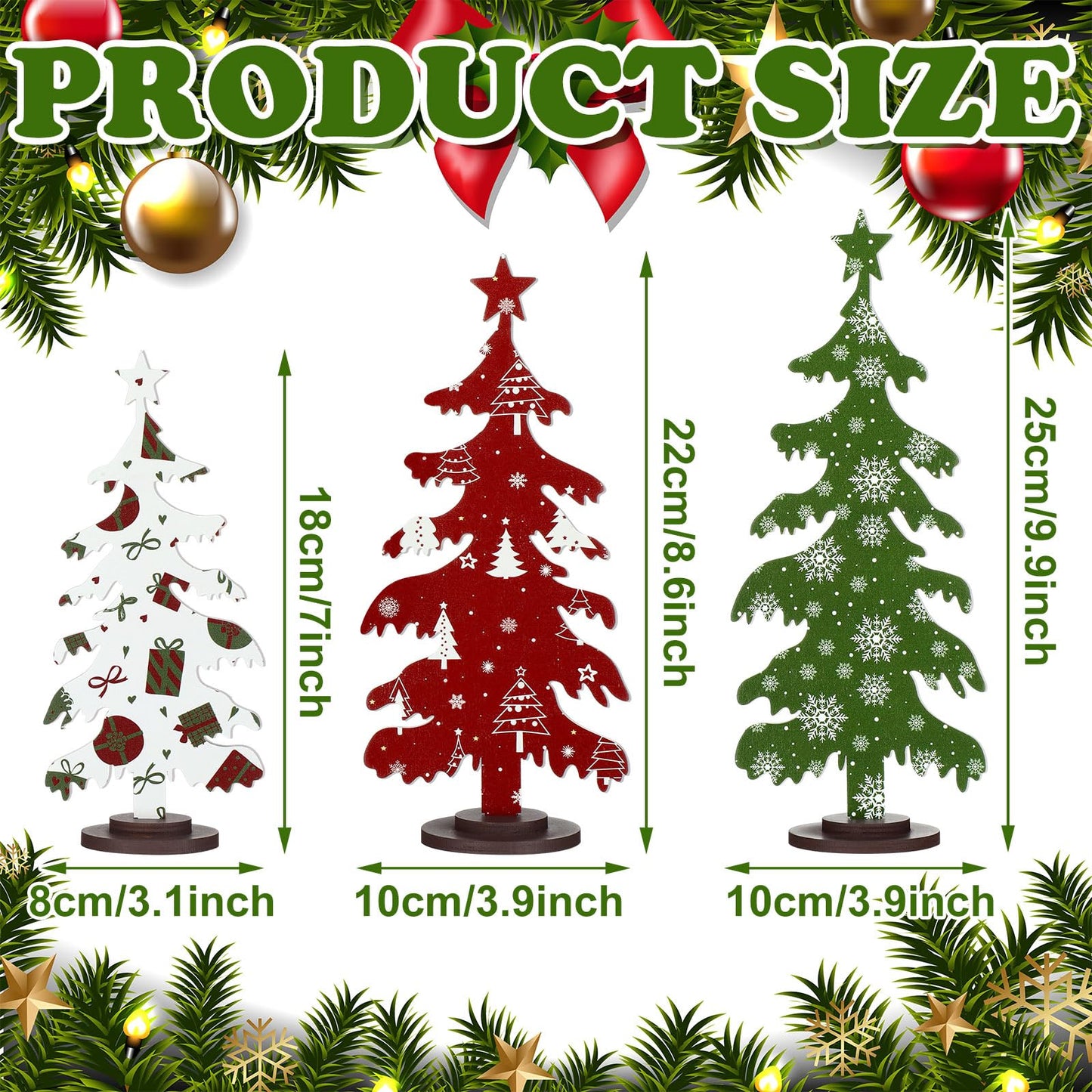 Huwena 3 Pcs Wooden Christmas Tree Tabletop Decorations, White, Red and Green Rustic Wood Christmas Tree Small Pine Tree Table Centerpieces Wooden Block Signs for Table Shelf Decor