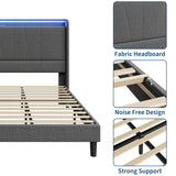 SLEKVERSA Queen Size Bed Frame with LED Lights and Charging Station, Fabric Upholstered Platform Queen Bed Frame with Headboard, No Box Spring Needed Bedframe, Noise Free, Easy Assembly, Gray SLEKVERSA