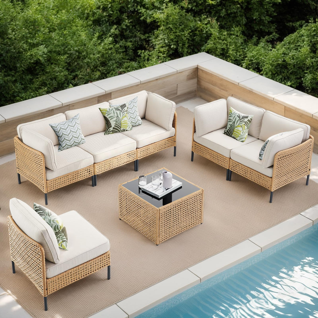 Outdoor Patio Furniture, 7-Piece Wicker Patio Furniture Set, Boho Patio Conversation Sets Sectional Sofa with All Weather Rattan Thick Cushions, Outdoor Sectional Sofa Set with Coffee Table, Beige PPorfamilia