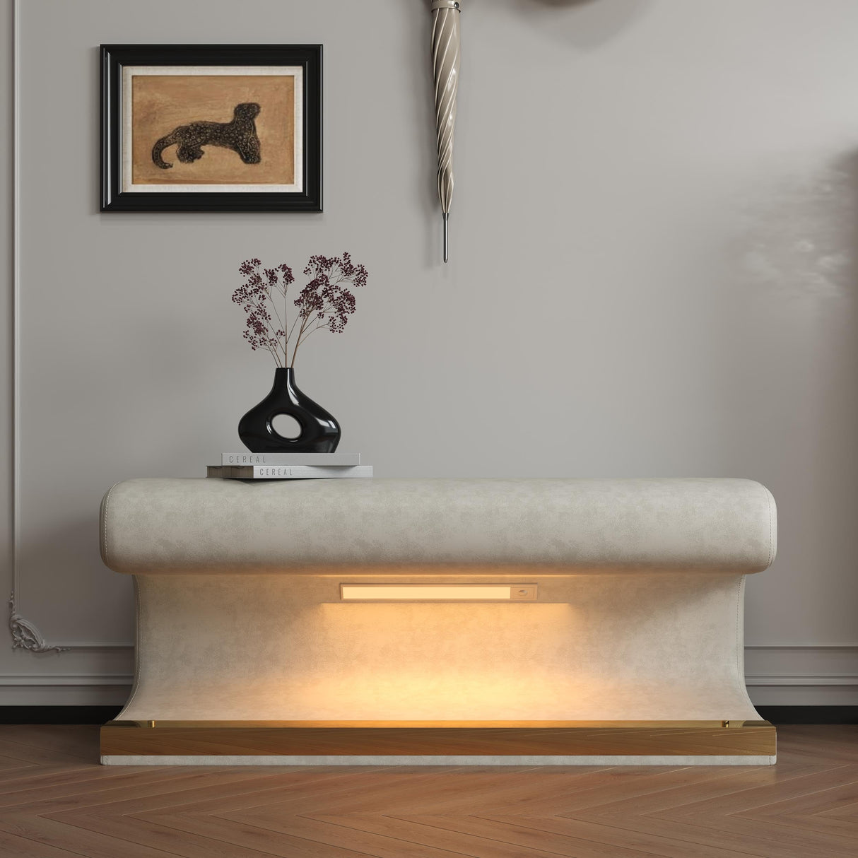 THINK 30 Entryway Bench, Leather Upholstered Ottoman with LED Sensor Light for Living Room,Bedroom,end of Bed,Beige THINK 30