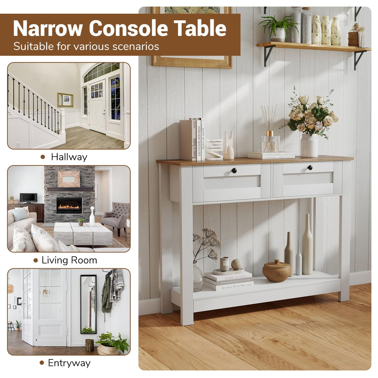Giantex 42" Farmhouse Console Table with 2 Drawers, Modern Wood Entryway Table, Narrow Long Sofa Tables with Open Storage Shelf for Living Room, Hallway, Entrance, Foyer, Rustic Vintage, White & Brown Giantex