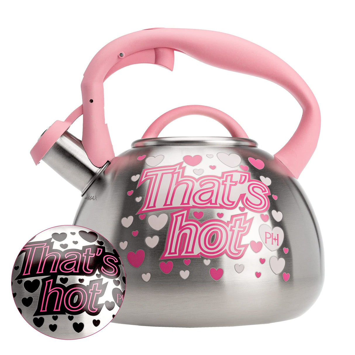 Paris Hilton Whistling Stovetop Tea Kettle, Stainless Steel with Color Changing "That's Hot" Heat Indicator Design, Soft Touch Handle, 2.5-Quart, Pink Paris Hilton