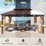 YOLENY 12' x 16' Gazebo Hardtop with Aluminum Frame,Galvanized Steel Double Roof Gazebos with Curtain and Netting,Outdoor Metal Pergolas for Garden, Lawn, Deck, Brown YOLENY