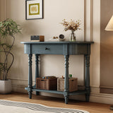 HZXINKEDZSW Retro Corner Curved Console Table Sofa Table with Top Drawer and Open Shelf, Wood Entryway Table with Spindle Shape Legs for Narrow Hallway Living Room Foyer Entranc (Navy) HZXINKEDZSW