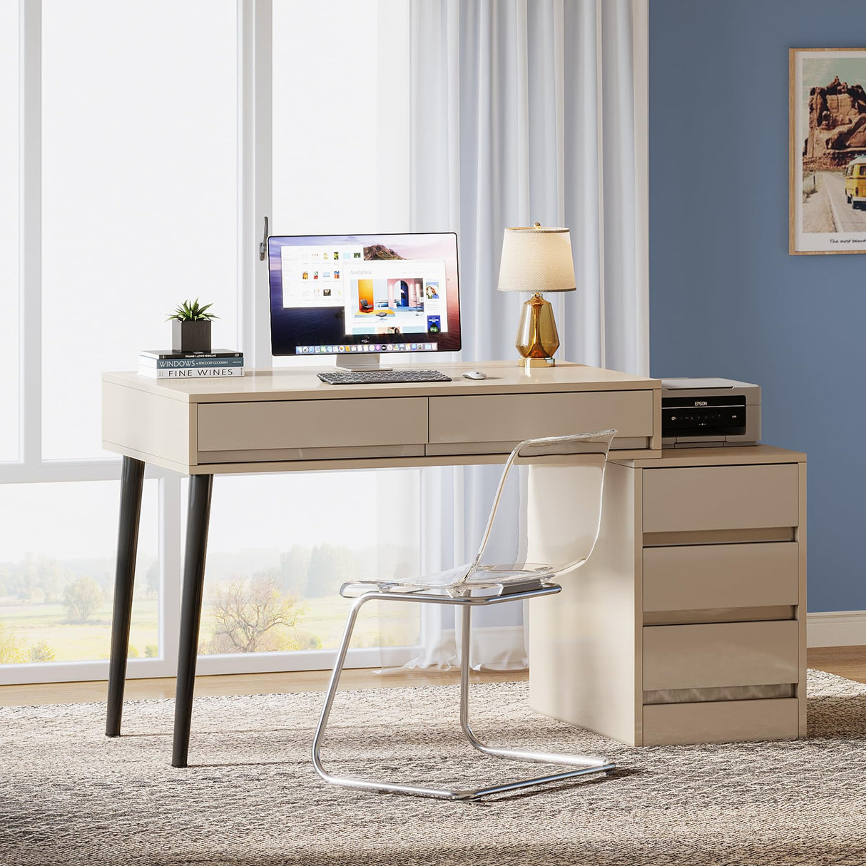 Tribesigns Vanity Desk with 5 Drawers, Makeup Table with Reversible Drawer Cabinet Printer Stand, Modern Computer Desk Dressing Table for Bedroom Office, Gloss Beige (No Mirrors) Tribesigns