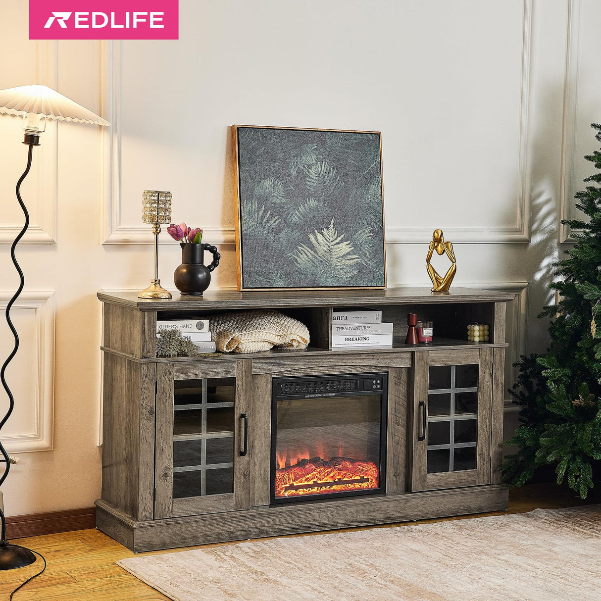 Redlife TV Stand with Fireplace for 65 Inch TV, Fireplace TV Stand, Farmhouse Entertainment Center with Fireplace, Media Console with Fireplace, TV Cabinet with Charging for Living Room (Brown) Redlifeᅟᅠ