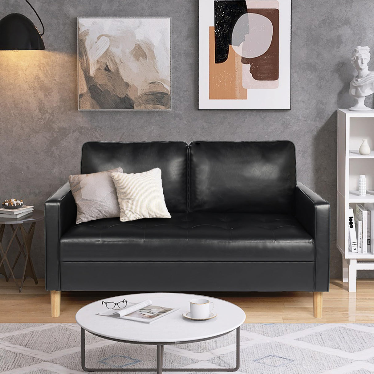 VAMEPOLE Sectional Sofa Couch 2 Pic, Black Leather Loveseat and Accent Chair for Living Room, Stitching Tufted Comfortable Love Seat for Small Space, Office, Meeting Room, Living Room Furniture Sets VAMEPOLE