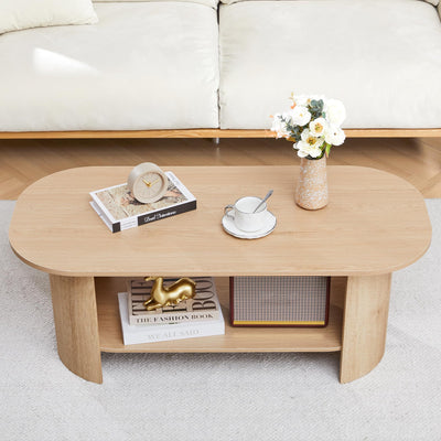 MAHYIZYI 43.3” Oval Coffee Tables for Living Room, Wood Farmhouse Coffee Table with Storage, 2-Tier Center Table with Storage Shelf Low Tea Table for Small Space, Home, Office (Natural)