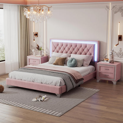 Flieks 3-Piece Pink Bedroom Set with Queen Upholstered Platform Bed and LED Lights, Including 2 Nightstands - WoodArtSupply