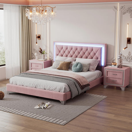 Flieks 3-Piece Pink Bedroom Set with Queen Upholstered Platform Bed and LED Lights, Including 2 Nightstands Flieks