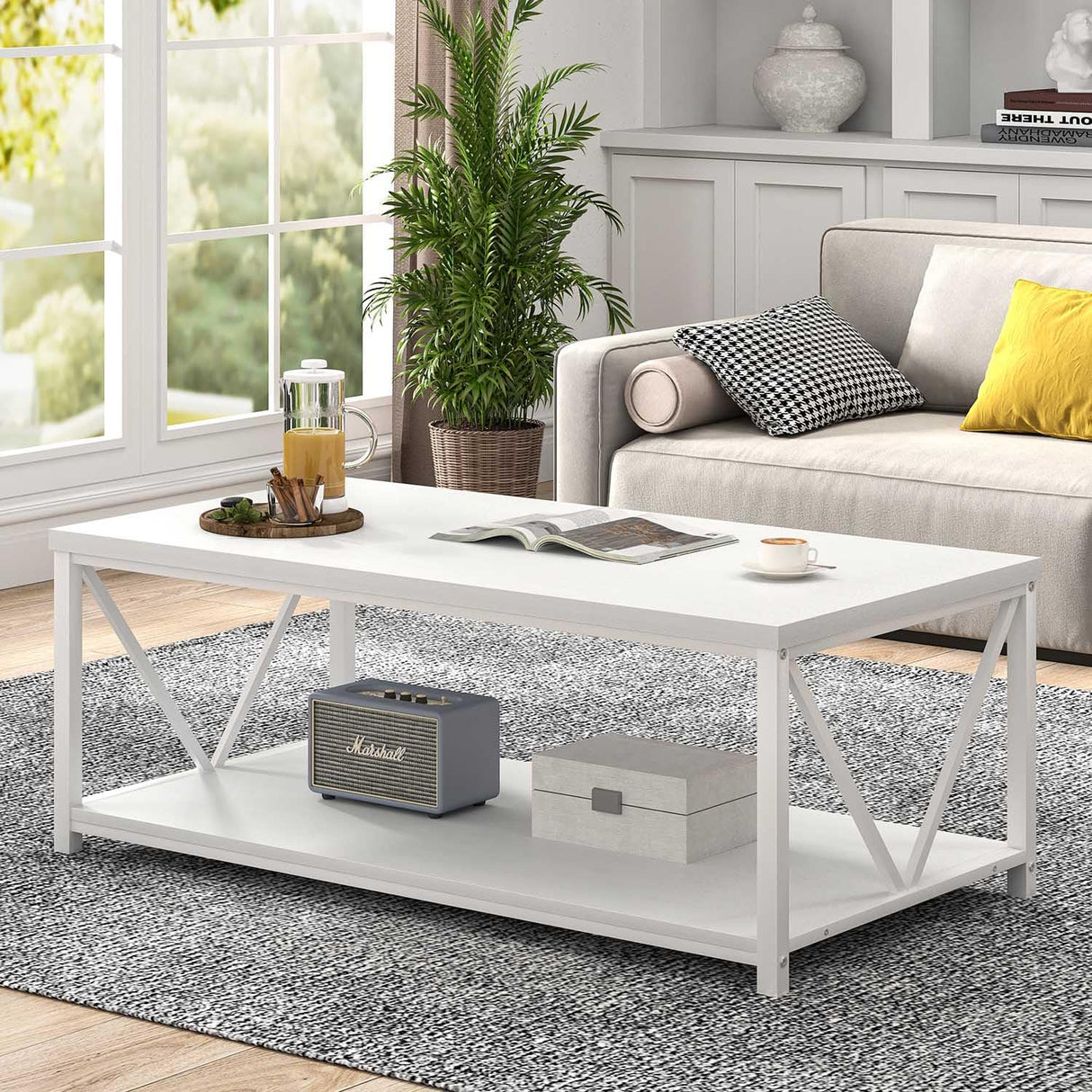 EXCEFUR White Coffee Table with Storage Shelf, Modern Rustic Wood and Metal Center Table for Living Room, 47 Inch EXCEFUR