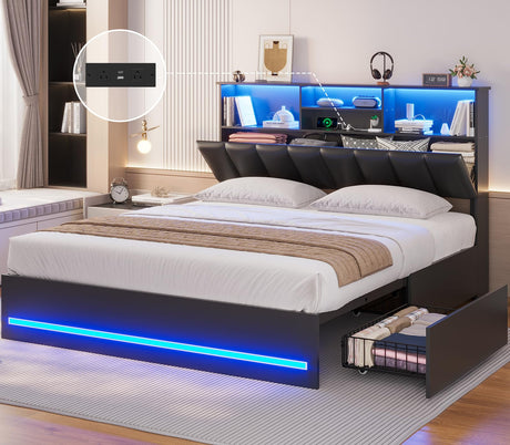 AOGLLATI Full Bed Frame with Stylish Bookcase Headboard & Charging Station & LED Lights,Full Size Bed Frame with 4 Storage Drawers, Led Bed Frame with Metal Slats, No Box Spring Needed,Black AOGLLATI