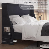 VECELO Queen Bed Frame with Type-C & USB Port, Wingback Headboard, Upholstered Platform Bedframe with Charging Station & Side Pockets, No Box Spring Needed, Grey VECELO