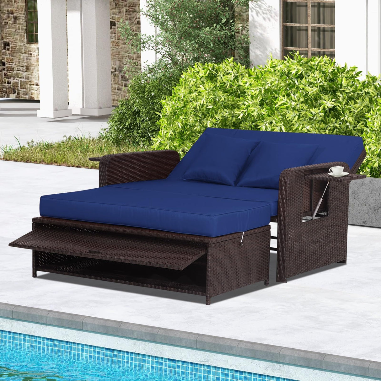 Nightcore Wicker Patio Outdoor Daybed, Outdoor Chaise Lounger w/ 4-Level Adjustable Backrest, Retractable Side Trays, Storage Ottoman, Comfortable & Removable Cushions, Rattan Loveseat (Navy) Generic