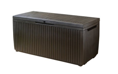 Keter Springwood 80 Gallon Resin Outdoor Storage Box for Patio Furniture Cushions, Pool Toys, and Garden Tools with Handles, Brown Keter