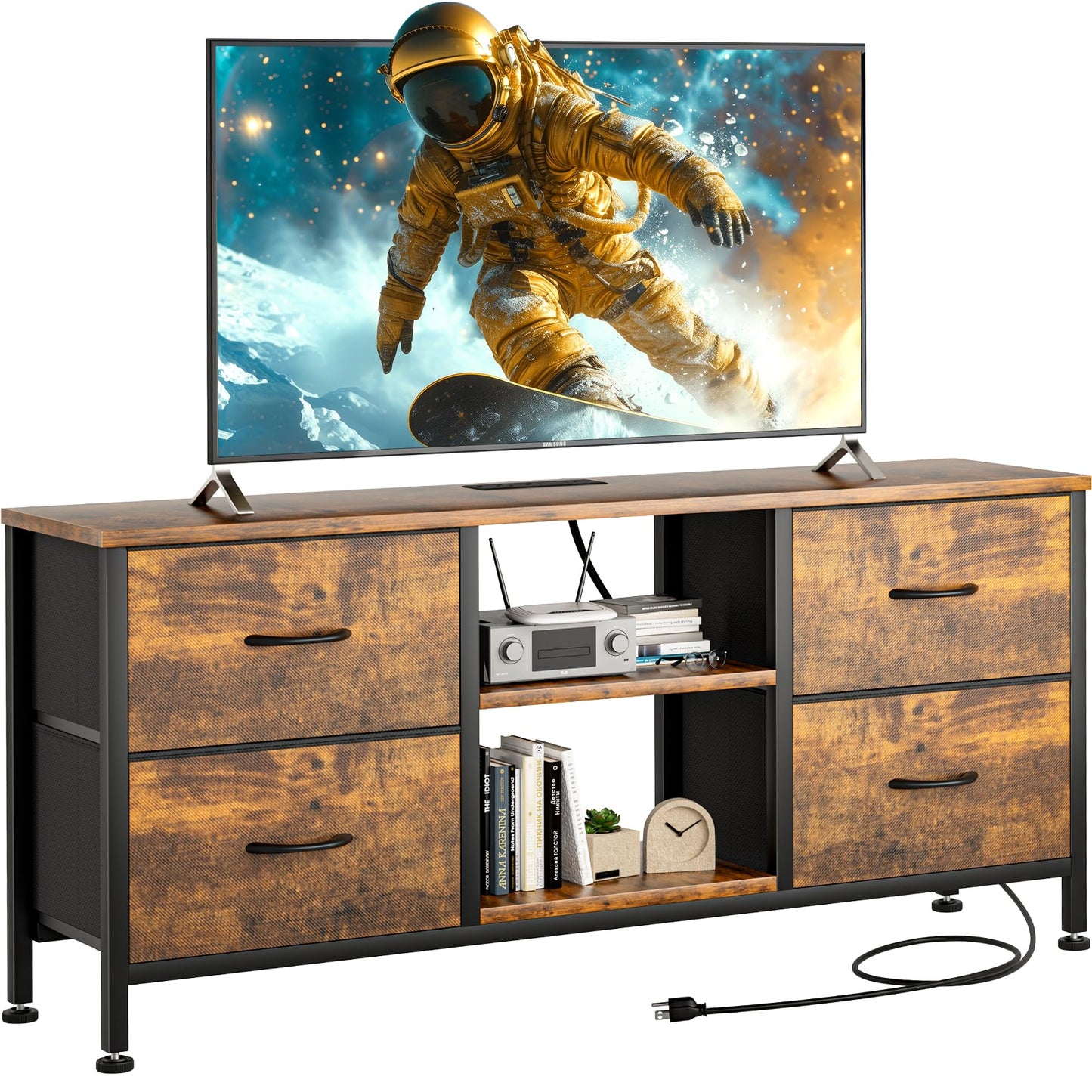 YaFiti TV Stand Dresser for Bedroom, Entertainment Center with Power Outlet for 50" TV, Dressers with 4 Fabric Drawers & Open Shelves for Living Room, Bedroom, Entryway, Rustic Brown