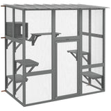 PawHut Catio Outdoor Cat Enclosure, Large Cat House, Wooden Cat Window Box with Scratching Posts, Weather Protection Roof for 1-2 Kitties, Resting Boxes, 68" x 35.5" x 70.5", Gray PawHut
