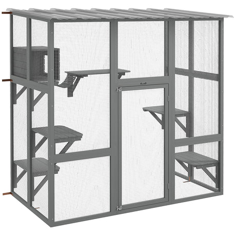 PawHut Catio Outdoor Cat Enclosure, Large Cat House, Wooden Cat Window Box with Scratching Posts, Weather Protection Roof for 1-2 Kitties, Resting Boxes, 68" x 35.5" x 70.5", Gray PawHut