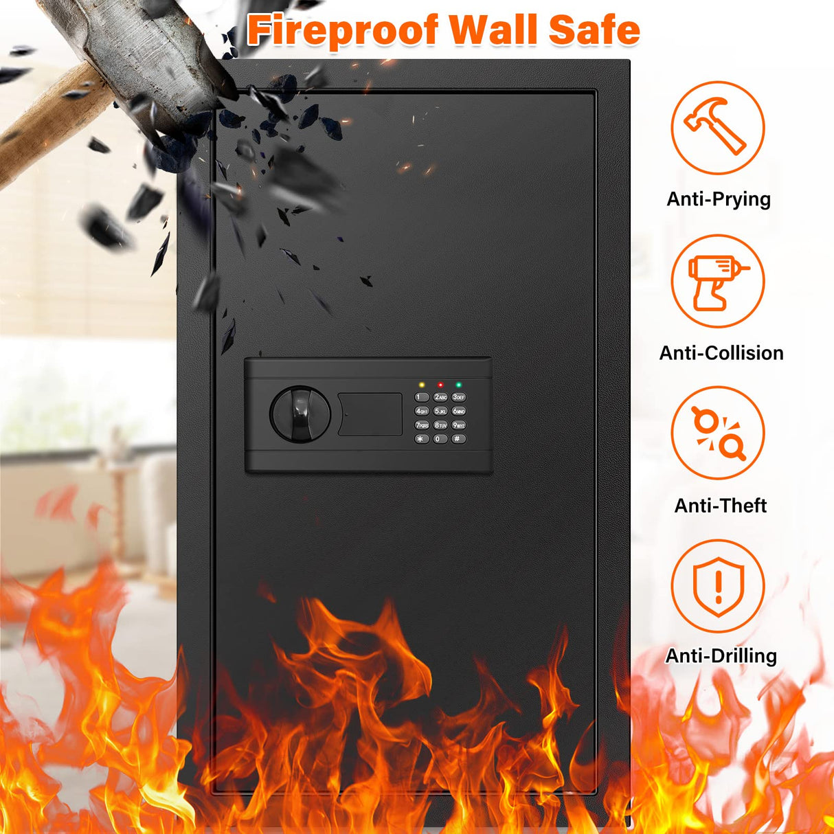 Nebakne 25.6" Tall Fireproof Wall Safes Between The Studs 16" Centers, Hidden Wall Safe with 2 Removable Shelf & Hidden Tray, Heavy Duty Wall Mount Safe for Firearms, Money, Jewelry, Passport Black Nebakne