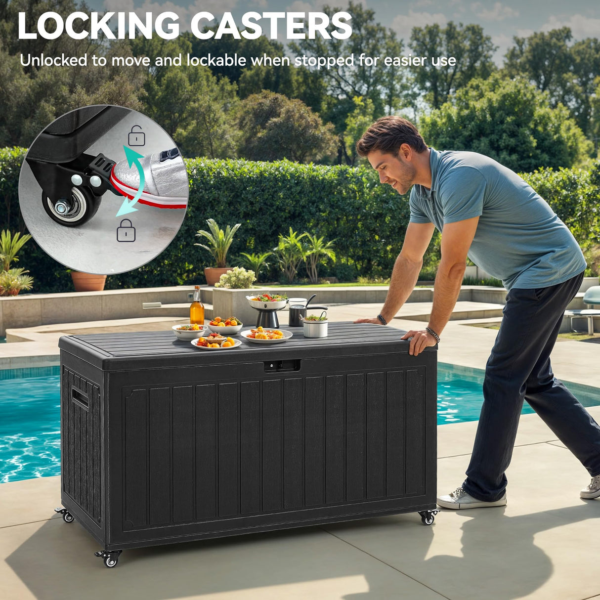 YITAHOME 90 Gallon Outdoor Storage Box with 6 Wheels, Large Double-Wall Resin Deck Box, Lockable Waterproof Outside Storage for Patio Furniture, Cushion, Pool Float, Garden Tool, Black YITAHOME